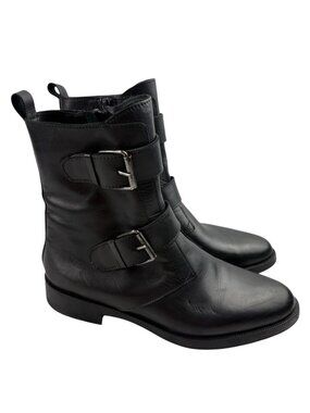 *Emanuel Crasto Womens Brown Italian Leather Moto Biker Buckle Classic Boots 40